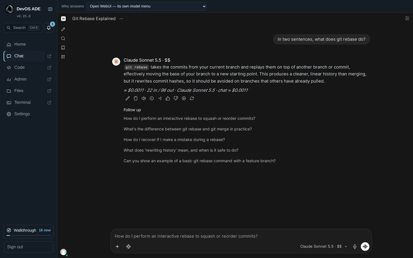 DevOS ADE Chat (Open WebUI): Claude Sonnet 5.5 explains git rebase in two sentences, with the answer’s cost and follow-up questions.