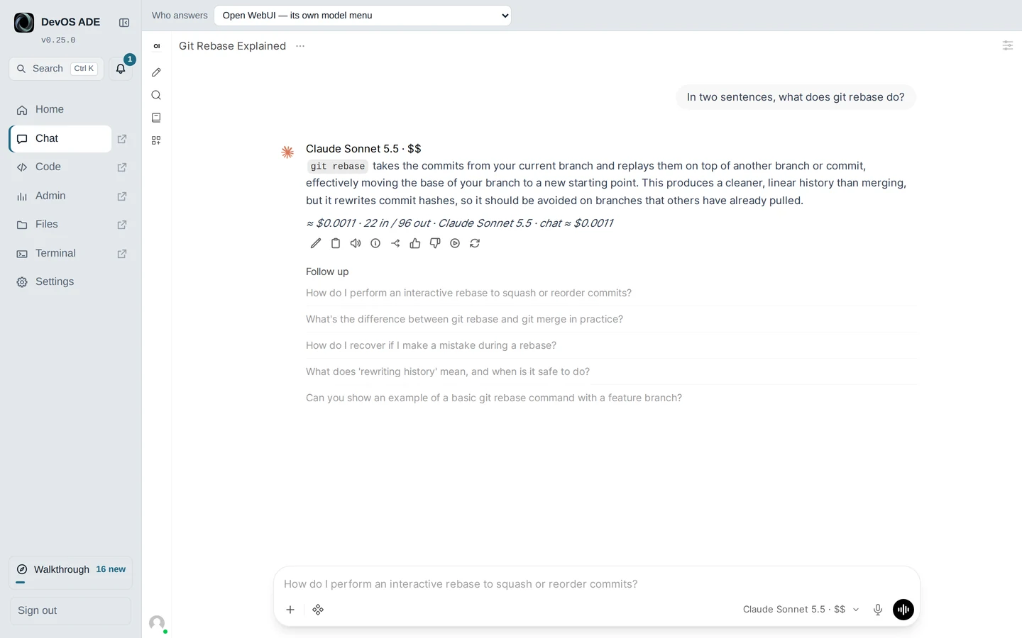 DevOS ADE Chat (Open WebUI): Claude Sonnet 5.5 explains git rebase in two sentences, with the answer’s cost and follow-up questions.