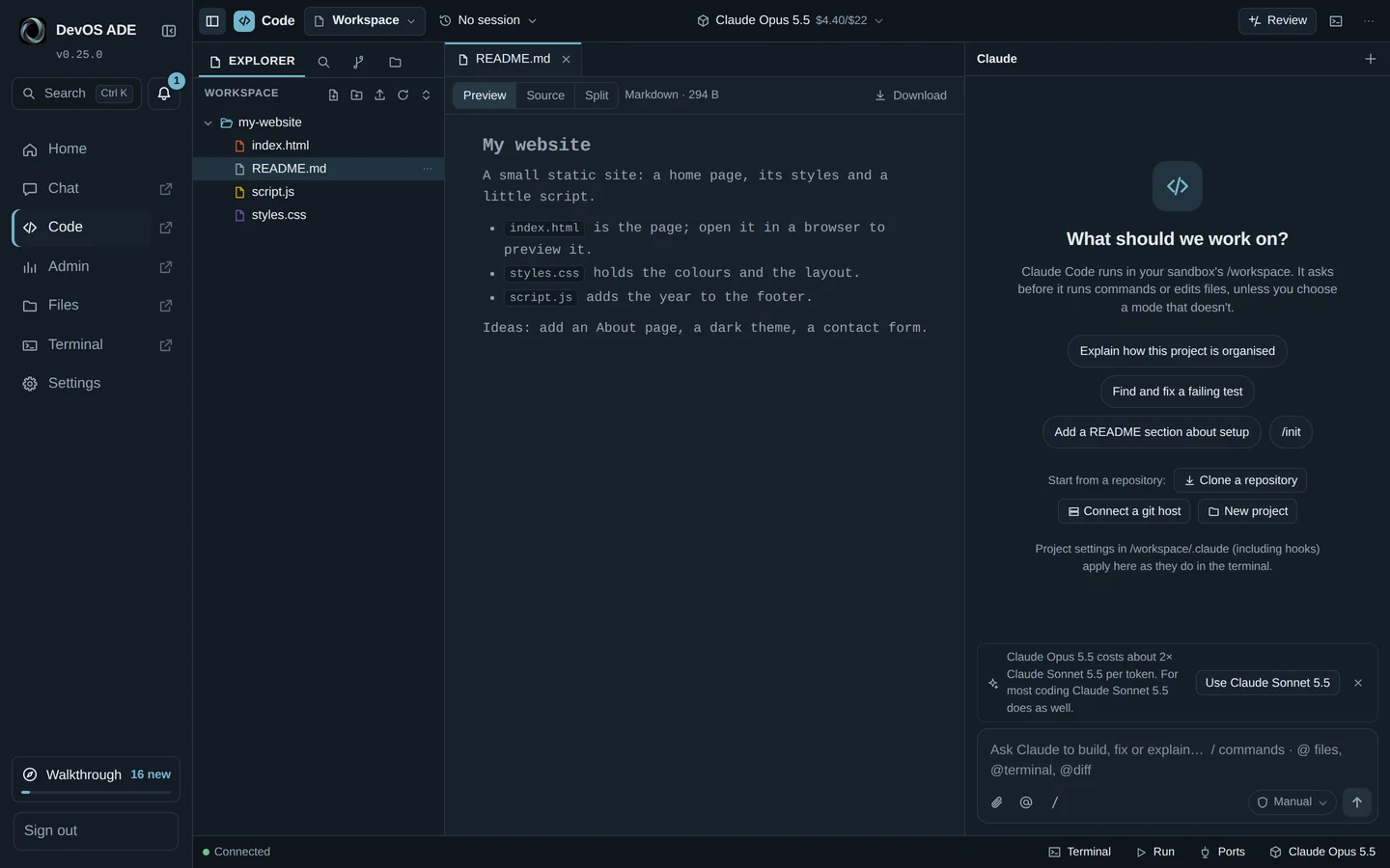 The DevOS ADE Code page: a sample website project in the explorer, its README previewed, and Claude Code’s chat ready to start.