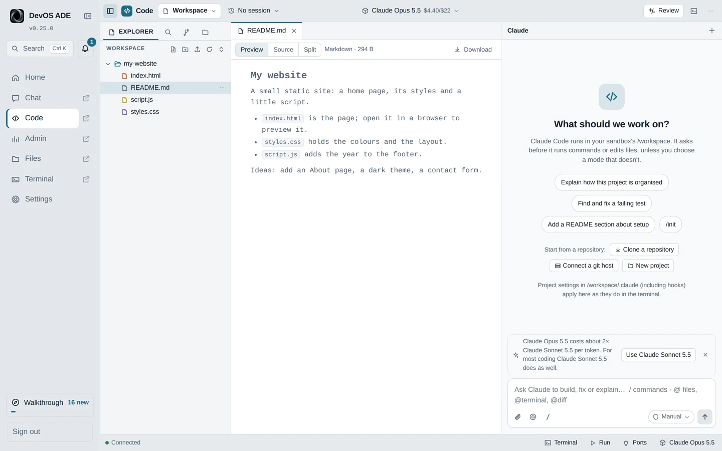 The DevOS ADE Code page: a sample website project in the explorer, its README previewed, and Claude Code’s chat ready to start.
