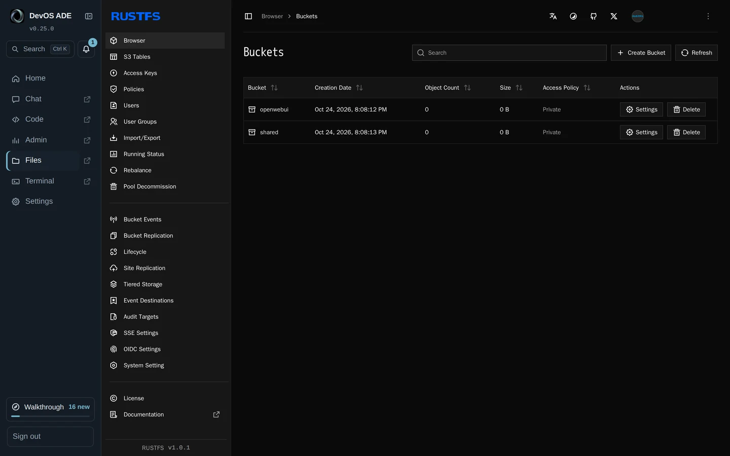 DevOS ADE Files: the RustFS console listing the stack’s two private buckets.