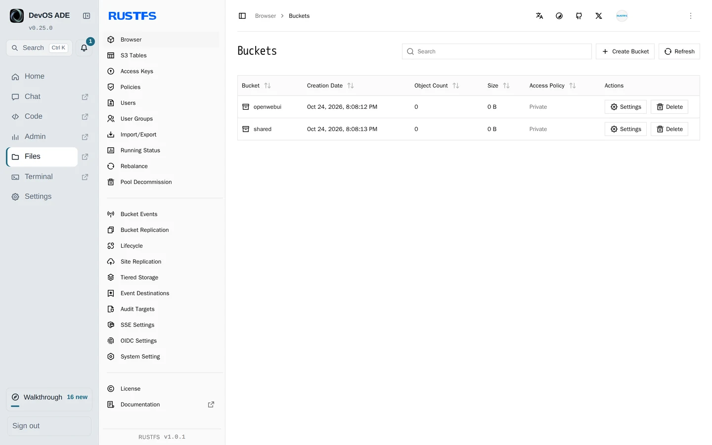 DevOS ADE Files: the RustFS console listing the stack’s two private buckets.