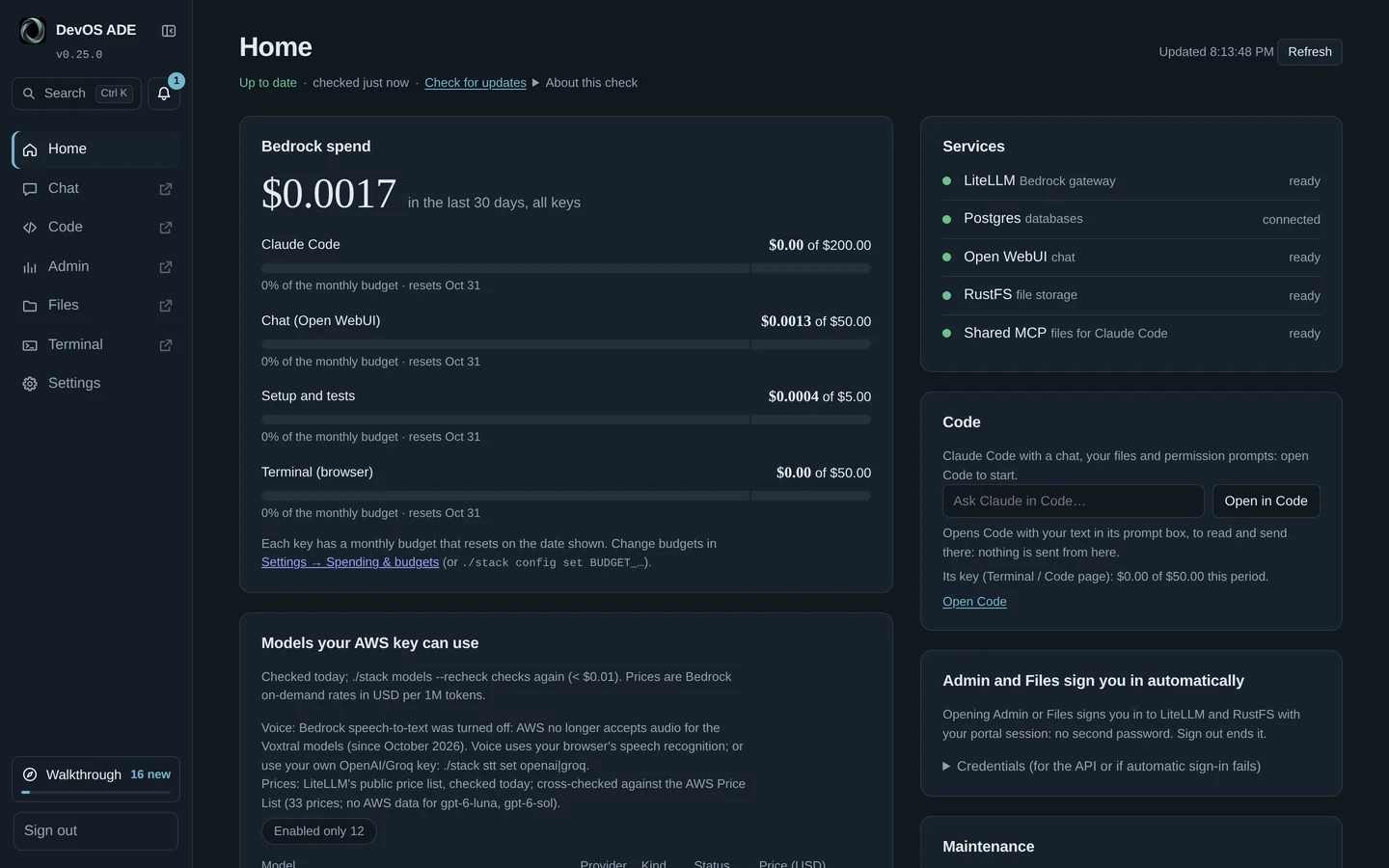 DevOS ADE Home: Bedrock spend with a budget per key, the services all ready, and the Code card.