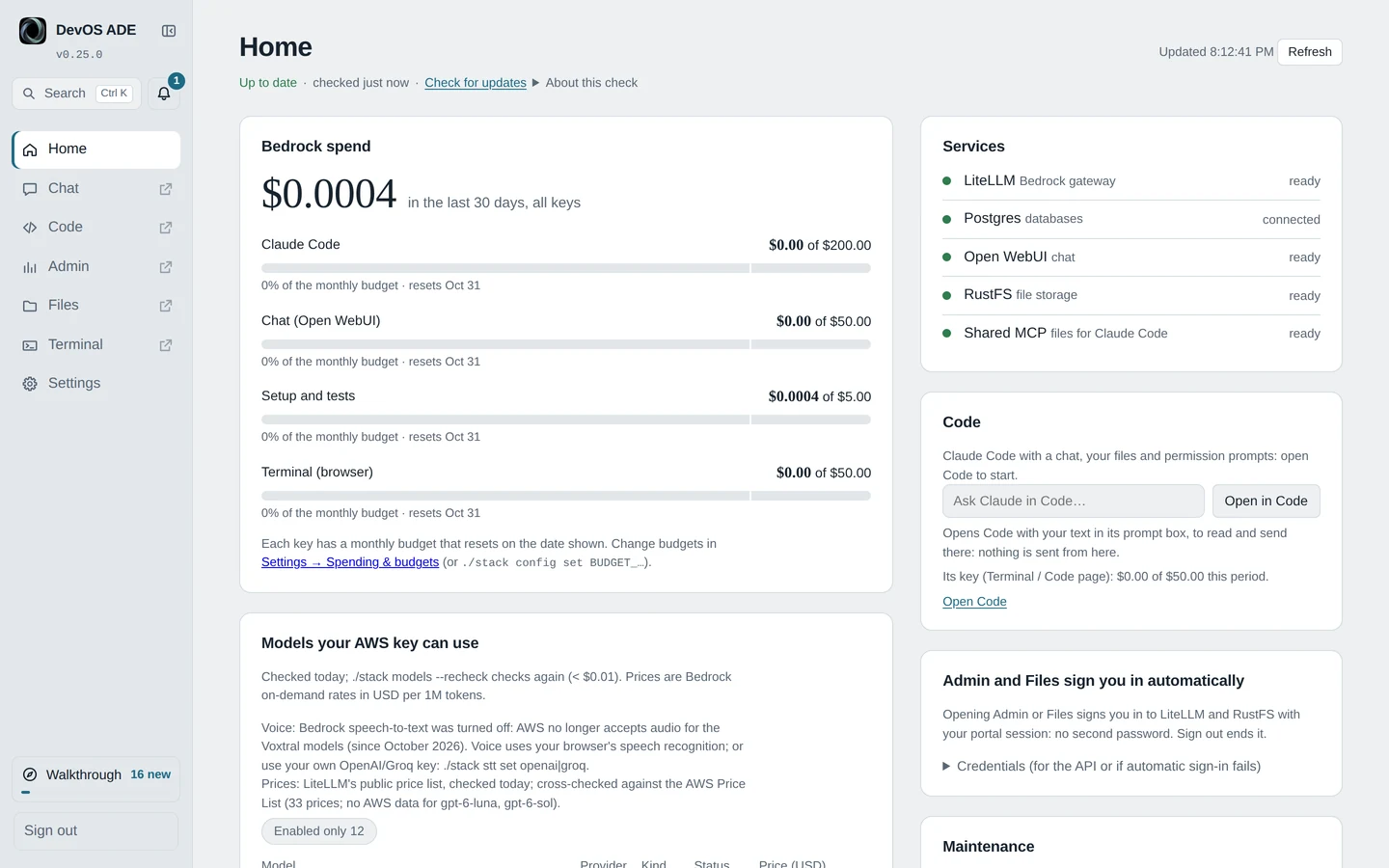 DevOS ADE Home: Bedrock spend with a budget per key, the services all ready, and the Code card.