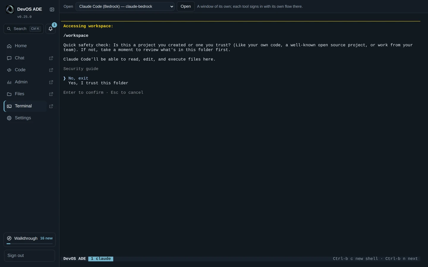 The sandboxed browser terminal in DevOS ADE: Claude Code asks whether to trust the /workspace folder.