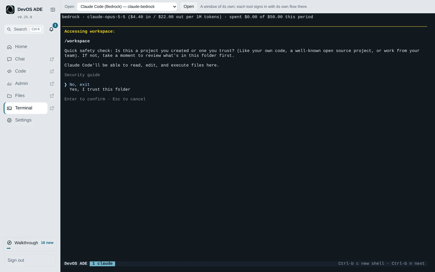 The sandboxed browser terminal in DevOS ADE: Claude Code asks whether to trust the /workspace folder.